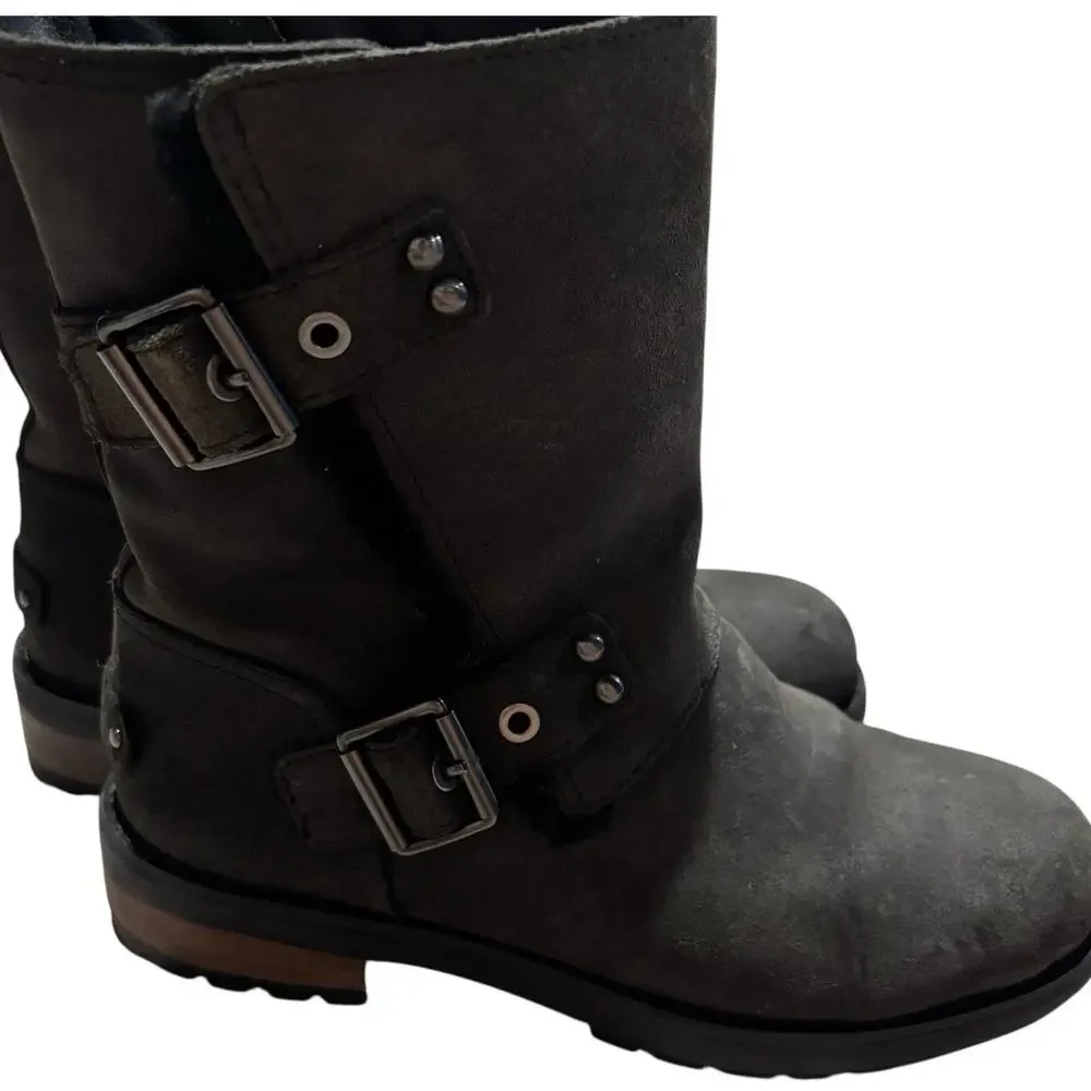 UGG Niels II Black Leather Suede Buckle Biker Boots 1095130 Womens Size 7